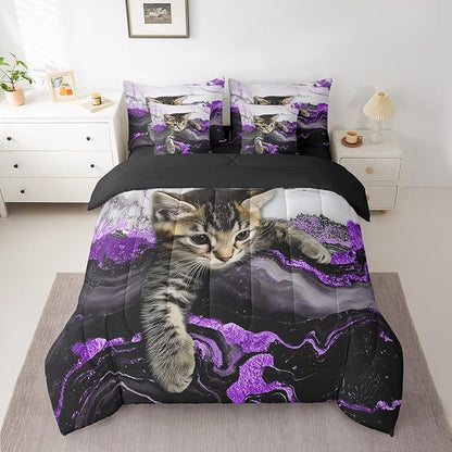 Erosebridal Purple Marbling Bedding Set Full Watercolor Marble Ink Fluid Bed in A Bag Luxury Modern Marbling Cat Comforter Sets with Sheets Retro Artwork Style Aesthetic 7 Pieces Bed Set