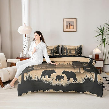 Erosebridal Full Size Rustic Cabin Lodge Bedding Set 7 Pieces | Bear Comforter Set with Sheets for Kids Boys Girls Forest Hunting Bear Bed in A Bag with Flat Fitted Sheets Pine Tree Woodland Quilt
