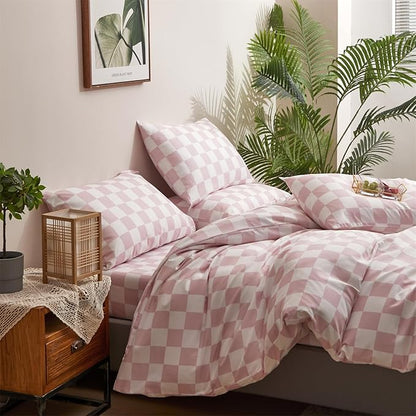Pureant Pink White Plaid Comforter Sets Full Women Men Bean Pink and White Checkerboard Grid Bedding Comforters Cotton Boys Girls Modern Dusty Pink Checkered Geometric Quilts Luxury Abstract Bed