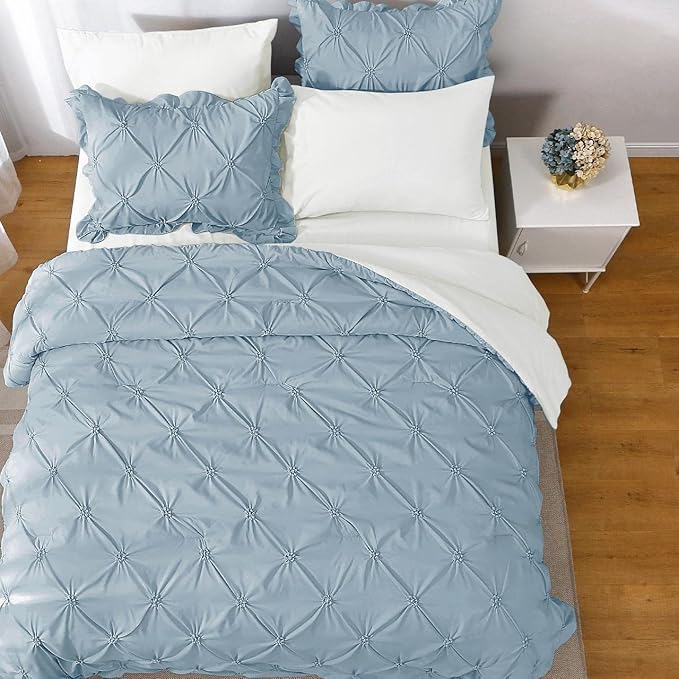 JOLLYVOGUE Queen Comforter Set 7 Pieces, Light Blue/Ivory Bed in a Bag Comforter Set for Bedroom, Bedding Comforter Sets with Comforter, Sheets,Ruffled Shams & Pillowcases