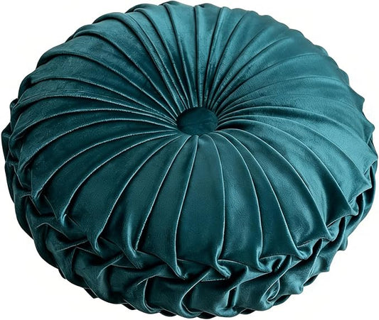 MOCOFO Round Velvet Throw Pillow, Pumpkin Shape Decorative Floor Cushion, Handcrafted Pleated Design, 14 and 16 Inch Diameter, Multiple Colors, Polyester Fill (Turquoise, 16")
