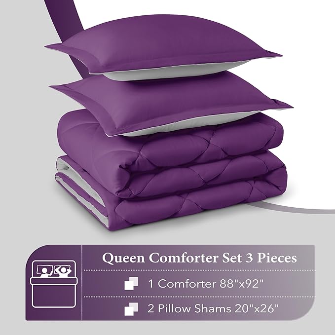 downluxe Queen Comforter Set - Purple and Grey Queen Comforter, Soft Bedding Sets for All Seasons -3 Pieces - 1 Comforter (88"x92") and 2 Pillow Shams(20"x26")
