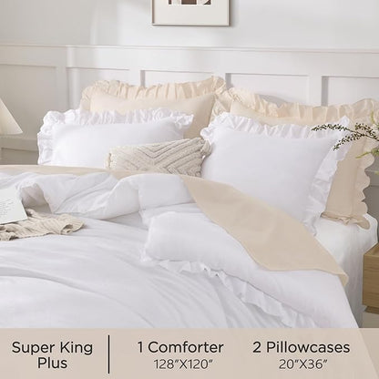 Andency Oversized King Comforter Set 128x120, 3 Pieces White Ruffle Shabby Chic Famhouse Bedding Set for Women, Lightweight Fluffy Super King Plus Bed Set for Girls