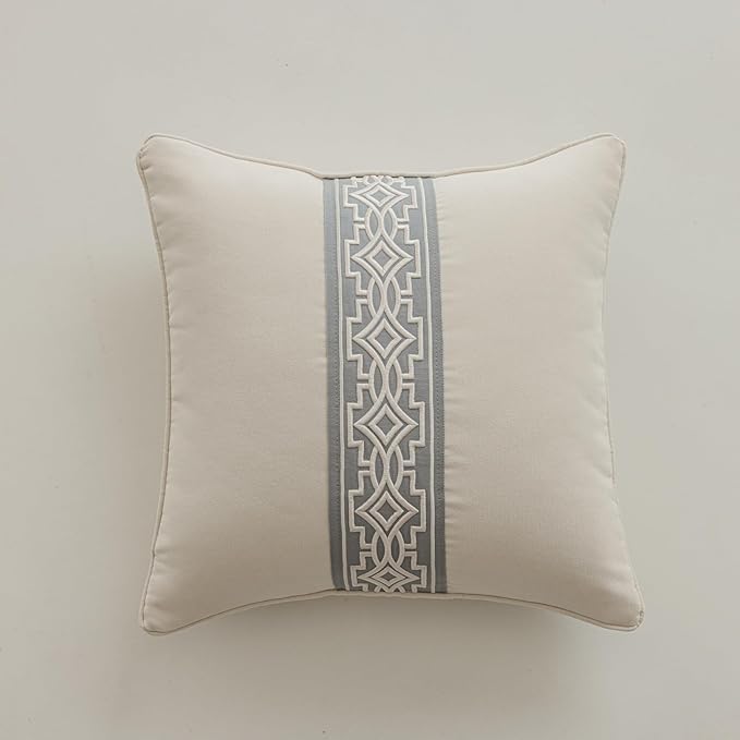Throw Pillow Covers with Insert Included, with Embroidered Detail, 18 x 18 inches, Decorative Throw Pillow for Sofa Couch Bed (Ivory (Gray Trim), 18" L x 18" W)