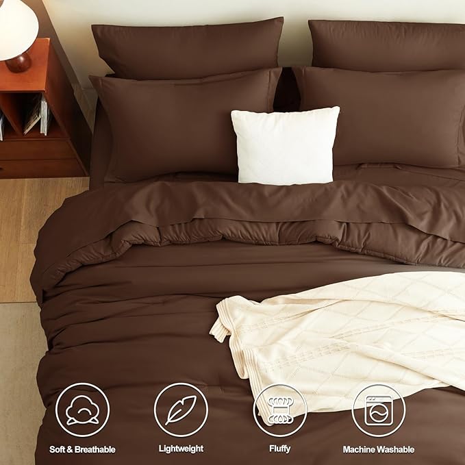 CozyLux Full Size Comforter Set Brown, 7 Pieces Bed in a Bag Full Comforter Set with Sheets, Soft Bedding Set with Down Alternative Comforter, Fitted Sheets, Flat Sheets, Pillow Shams and Pillowcases
