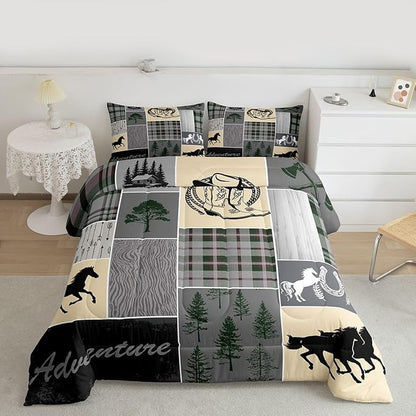 Erosebridal Kids Horse Comforter Set Twin, Western Cowboys Horseshoe Bedding Set Vintage Riding Boots Duvet Insert, Adventure Rustic Farmhouse Animal Quilt Cabin Lodge Bedroom Decor, 1 Pillow Case