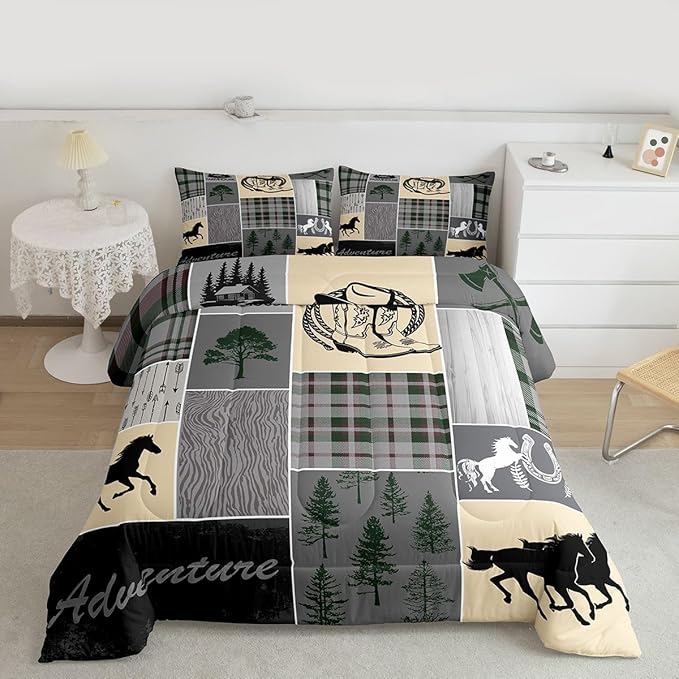 Erosebridal Kids Horse Comforter Set Queen, Western Cowboys Horseshoe Bedding Set Vintage Riding Boots Duvet Insert, Adventure Rustic Farmhouse Animal Quilt Cabin Lodge Bedroom Decor, 2 Pillow Cases