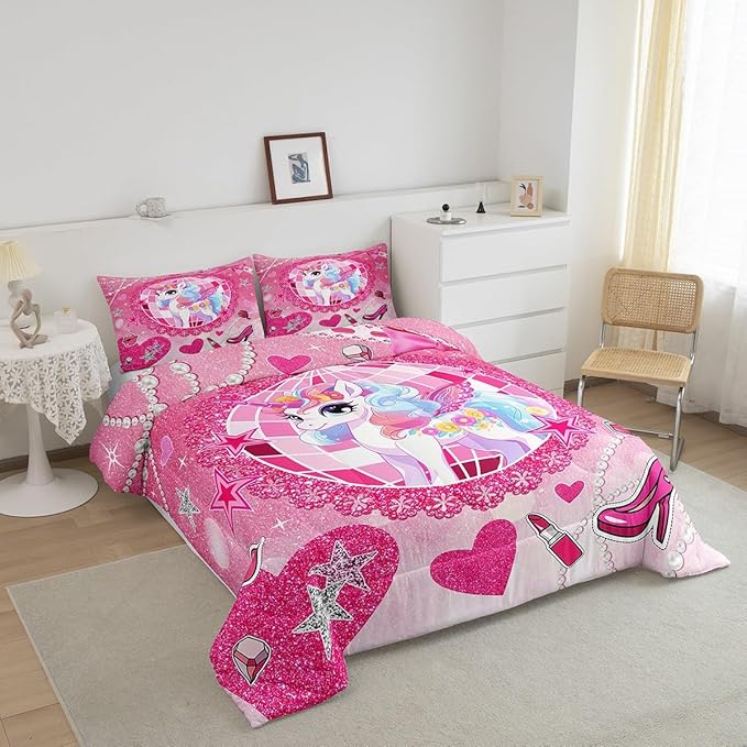 Cartoon Unicorn Kids Comforter Set King Size,Bowknot High-heeled Shoes Lip Romantic Bedding Set,Girls Women Room Decor,Stars Sparkling Princess Down Comforter,Pink Cute Duvet Insert,2 Pillowcases
