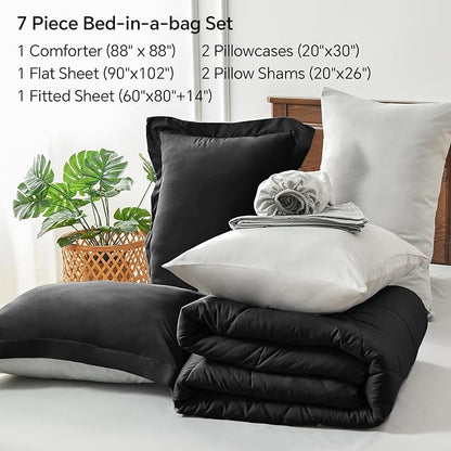 BEDELITE Queen Comforter Set 7 Pieces Bed in A Bag - Soft Microfiber Reversible Black Bed Set with Comforters, Sheets, Pillowcases & Shams, Cozy Luxury Bedding Sets for All Season