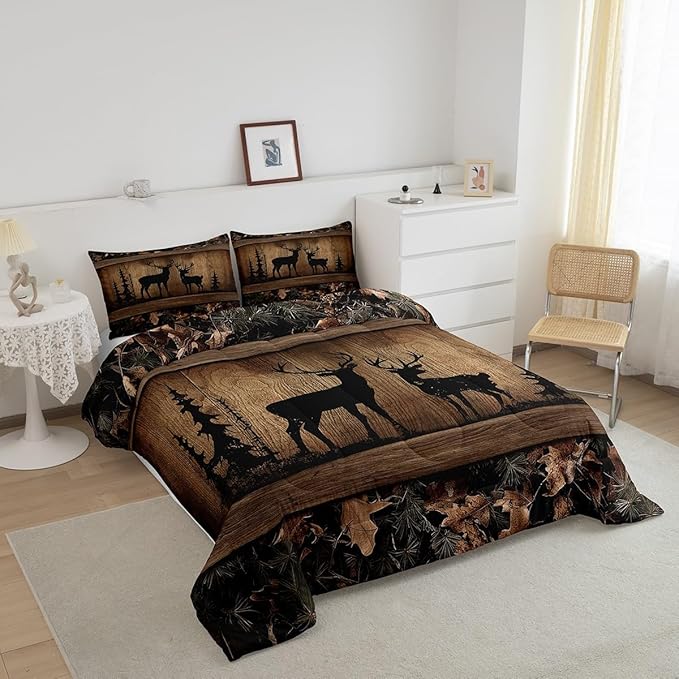Erosebridal Rustic Cabin Bedding Sets Camo Hunting Deer Comforter Set Full Farmhouse Woodland Animal Quilt Comforter for Kids Boys Teen Men,Tree Branches Camouflage Wildlife Bed Duvet Set 3 Pcs