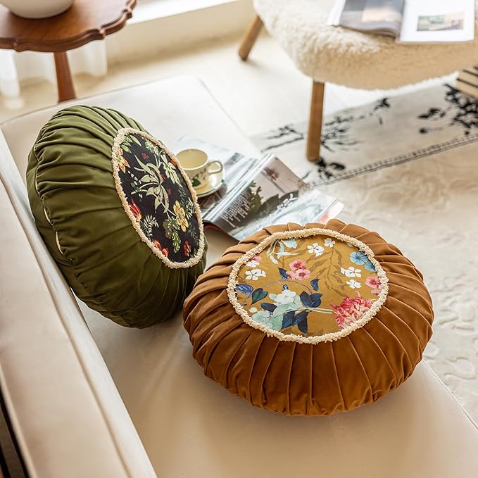 vctops Round Throw Pillow with Zipper Vintage Spring Floral Pillow Cushion Soft Velvet Pleated Throw Pillows for Couch Chair Bed Car (Orange,18")