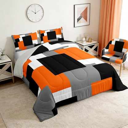 Castle Fairy Orange Grey Black Boys Girls Comforter Set Full Size,Modern Abstract Art Duvet Set Teens Bedroom Decor,Geometric Grid Square Splicing Microfiber Soft Bedding Set,3 Pcs