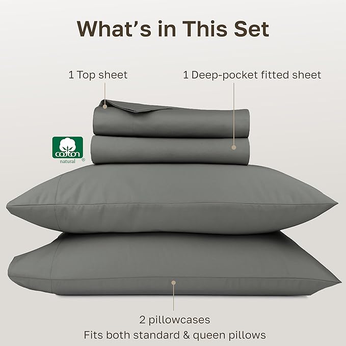 California Design Den Queen Sheets Set - 1000 Thread Count Sateen, Thick and Natural 100% Cotton Sheets, Deep Pockets, Durable Bedding Set - Grey
