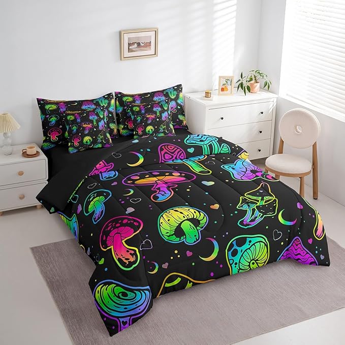 Erosebridal Mushroom 7 Piece Comforter Set Full - Kawaii Bed in a Bag, Boho Exotic Botanical Plants Fitted Sheet for Kids, Girls, Boys, Teens - Rainbow Quilt Set, Cute Bedding