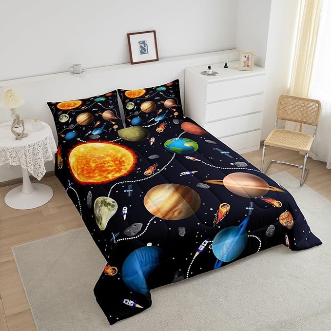 Erosebridal Solar System Comforter Set Queen,Astronomy Planets Bedding Set All Season for Kids Boys Girls,Outer Space Theme Down Comforter Warm,Rocket Starry Sky Quilted Duvet with 2 Pillowcases