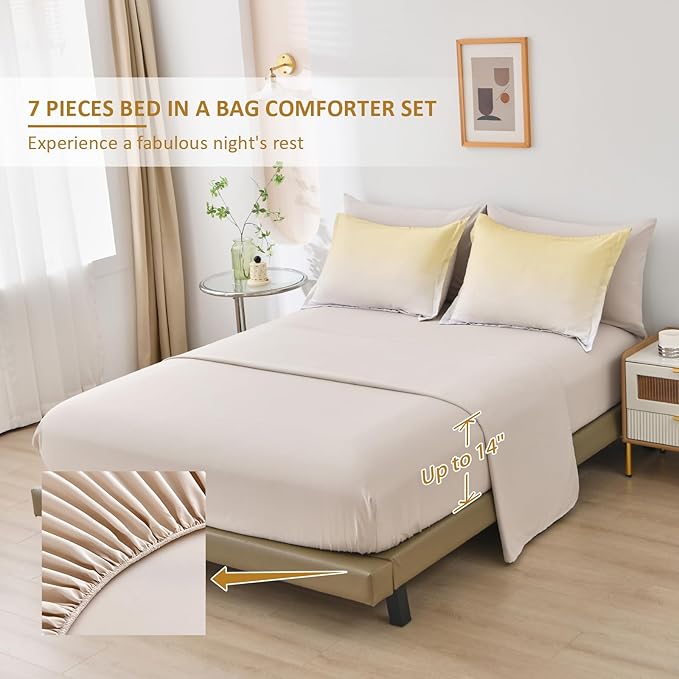 Anibedding Gradient Yellow Comforter Set King Size 7 Pieces Ombre Yellow and Grey Bed in a Bag Complete Bedding Set - Breathable Solid Grey Bed Sets w/Flat/Fitted Sheet, 2 Pillowcases, 2 Pillow Shams