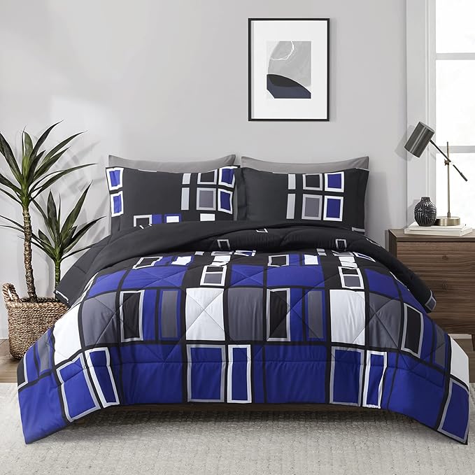 ARTALL Microfiber 2 Pieces Comforter Set Blue Gray Black Plaid Pattern Lightweight Bedding Set, Twin Size with 1 Sham