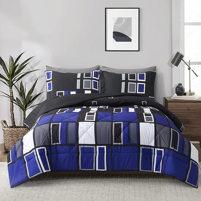 ARTALL Microfiber 2 Pieces Comforter Set Blue Gray Black Plaid Pattern Lightweight Bedding Set, Twin Size with 1 Sham