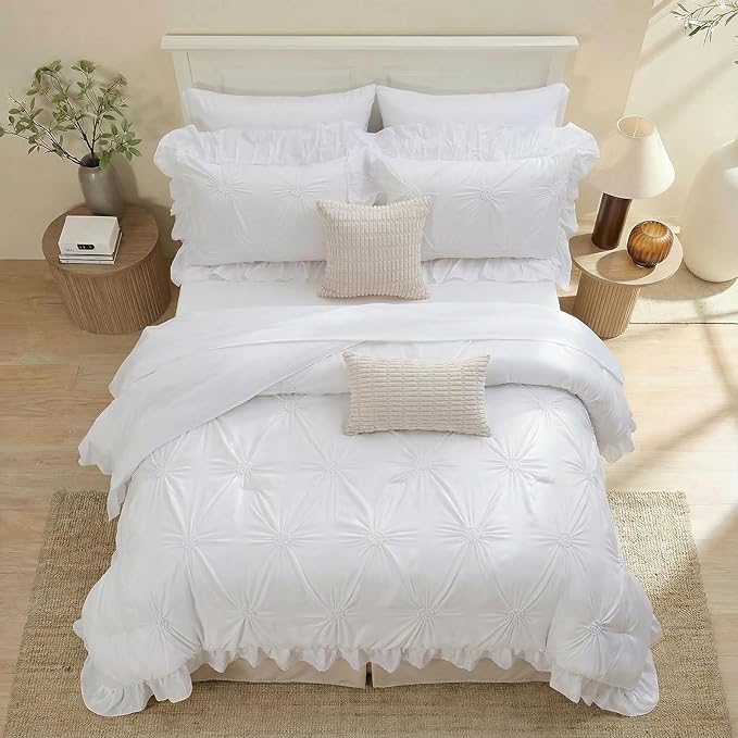 Bedbay White Ruffle Comforter Set King Size Ruched Bedding 9 Pcs King Bed in a Bag Pintuck Pinch Pleat Bedding Set Elegant Ruffle Farmhouse Boho Comforter Bed Set for All Seasons