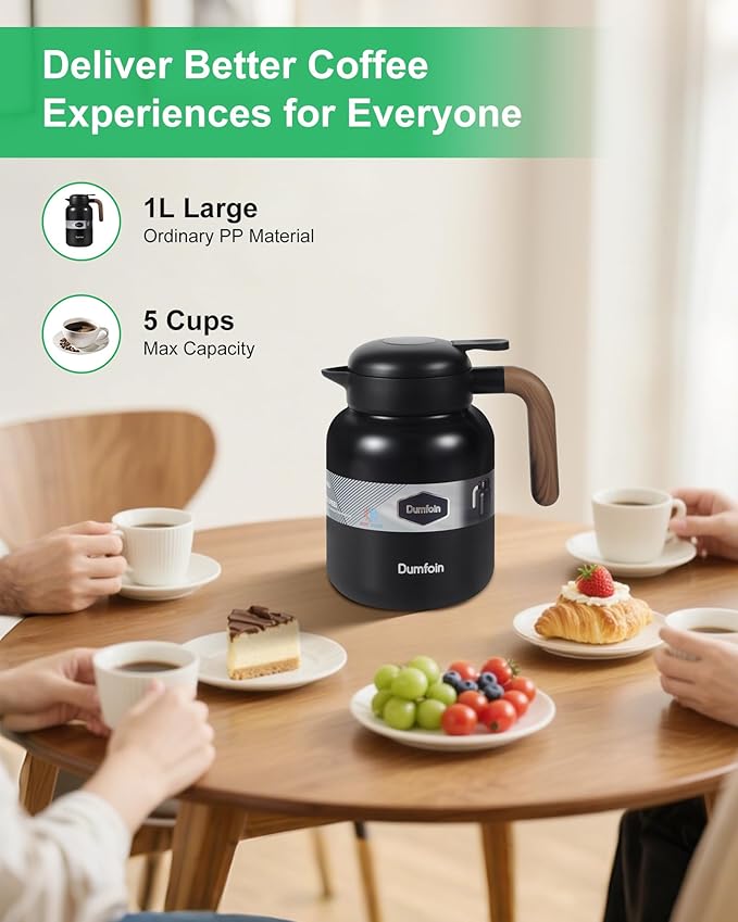 45 Oz Thermal Coffee Carafe, Stainless Steel Insulated Vacuum Coffee Carafes For Keeping Hot, 1.3 Liter Beverage Dispenser (Black)