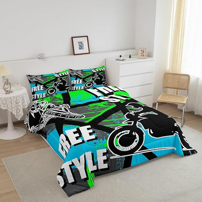 jejeloiu Boys Dirt Bike Racer Bedding Set Full Size Motocross Hip Hop Comforter Set for Kids Adult Motorcycle Sport Duvet Set Blue Green Quilt Set 3Pcs