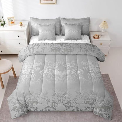 Erosebridal Gothic Damask Bed in a Bag Queen Comforter Set 7 Piece,Halloween Bat Bedding Sets Grey Victorian Floral Goth Sheet Set with Comforter