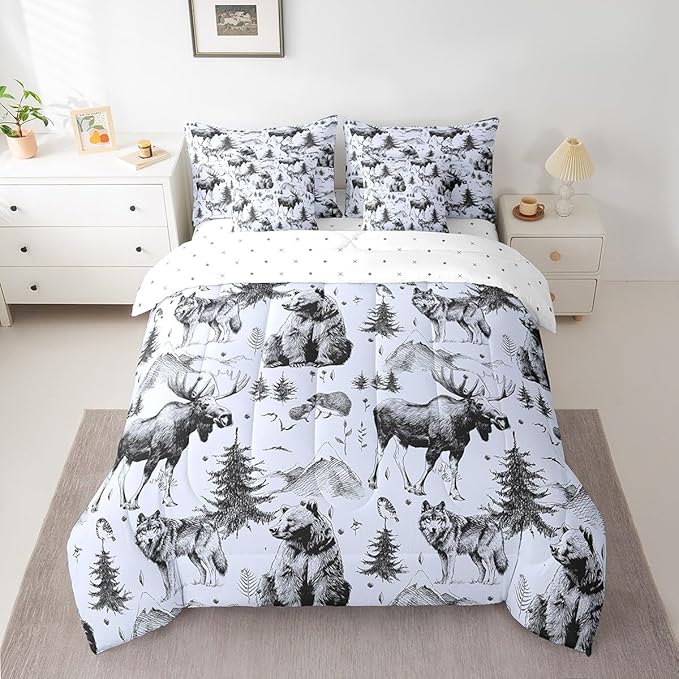 Erosebridal 7 Pcs Comforter Set Full Size,Rustic Animal Bed in a Bag with Flat Sheet and Fitted Sheet for Kids and Adults,Farmhouse Cabin Lodge Bedding Set with Pillowcases and Cushion Cases