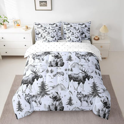 Erosebridal 7 Pcs Comforter Set Twin Size,Rustic Animal Bed in a Bag with Flat Sheet and Fitted Sheet for Kids and Adults,Farmhouse Cabin Lodge Bedding Set with Pillowcases and Cushion Cases