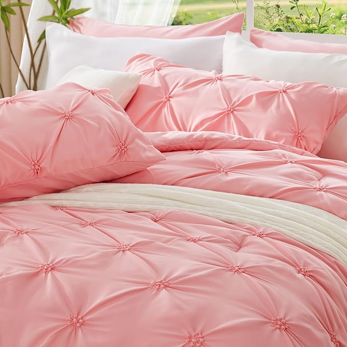 BEDELITE Pink Queen Comforter Set - 3 Pieces Boho Pintuck Bedding Comforter Sets, Lightweight Soft & Warm Bed Comforter with 2 Pillowcases for All Season,Valentines Day | Valentines Day, Multiple color, Modern Comforter, High Quality