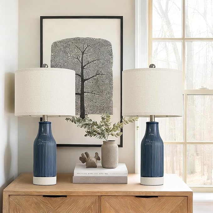 23.75" Modern Ceramic Table Lamps Set of 2, Stylish Bedside Lamps for Bedroom, Gorgeous Lamps for Nightstand, Lamps for Living Room, Farmhouse End Table Lamps, Blue Home Decor