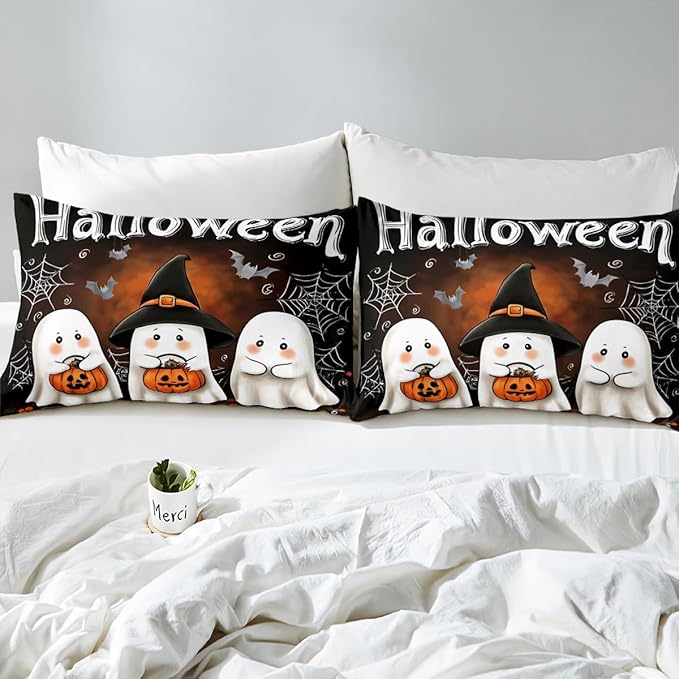 Erosebridal Boys Halloween Queen Comforter Set, Ghost Holding Pumpkin Bedding Set, Halloween Ghost with Wizard Hat Comforter, Bat Cobweb Black Quilt with 2 Pillowcases for Kids Girls Teens Bedroom