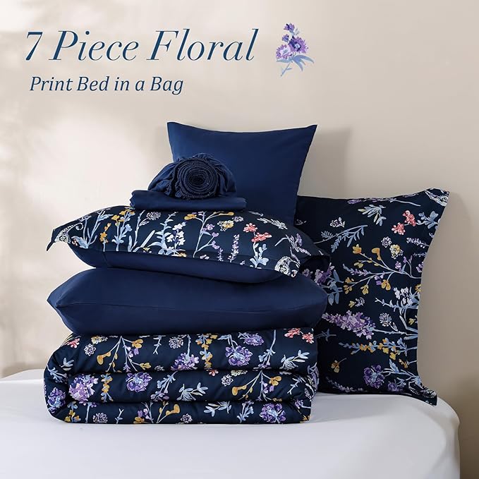 Yiran Navy Floral Comforter Set King Size, 7 Piece Blue Botanical Flowers Comforter Bedding Set, Bed in a Bag King, Soft Microfiber Complete Bedding Set with Sheets for All Season