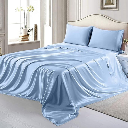 100% Pure Silk Satin Sheet 4pcs, Silk Fitted Sheet 15" Deep Pocket Mattress fit,Silk Flat Sheet&Silk Pillowcases Cool Soft Silk Sheets|Wrinkle Free Fade Resistant Twin XL Medium Blue