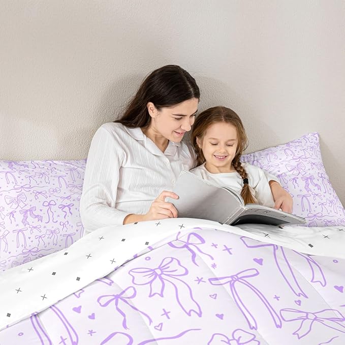 Cartoon Bowknot Kids Bedding Sets Twin Size,Purple Bow Tie Comforter Set 2Pcs,Butterfly Knot Princess Girls Quilt Set for Teens Woman,Bow Stars Love Sweet Girly Duvet Insert,1 Pillowcase