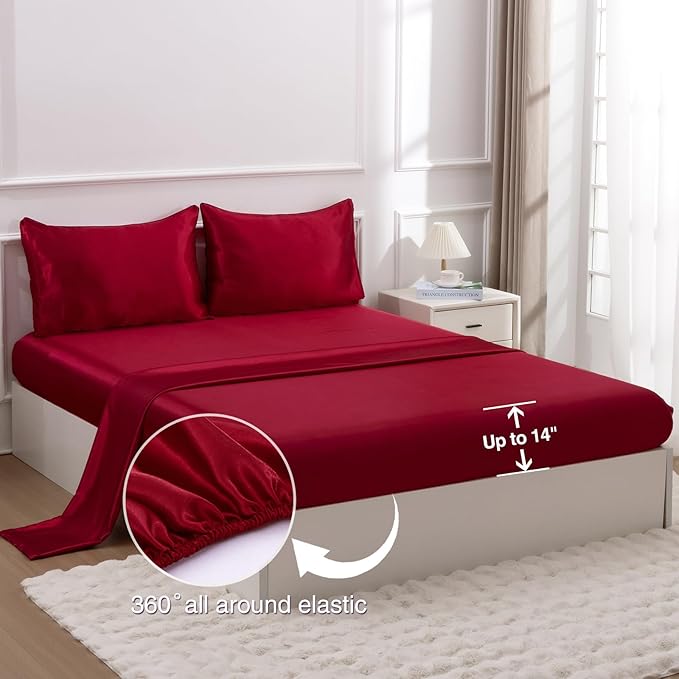 A Nice Night 5PCS Satin Silky Soft Quilt Luxury Super Soft Microfiber Bedding Thin Comforter Set Queen,Red