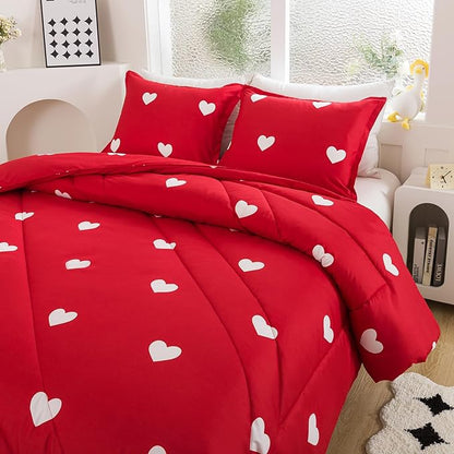 Caressma Love Comforter Set Twin Size - Cute White Heart Print Red Bedding Comforter with Matching Pillowshams