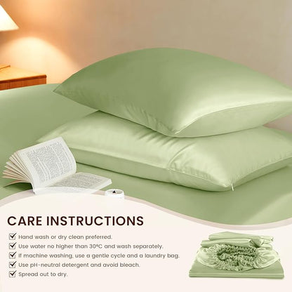 THXSILK Luxury Mulberry Silk Fitted Sheet Set 3 Pcs, King Silk Bed Sheet Set with 16" Deep Pockets, Soft & Cooling Sheets, 1 Fitted Sheet, 2 Pillowcases with Zipper Closure - Mint Green