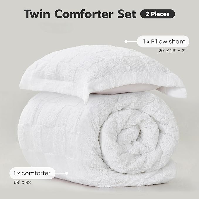 Joiedomi Tufted Twin Comforter Set, 2 Pieces White Boho Twin Bedding Set with 1 Plaid Geometric Comforter and 1 Pillow Sham, Checkered Bed in a Bag for All Seasons