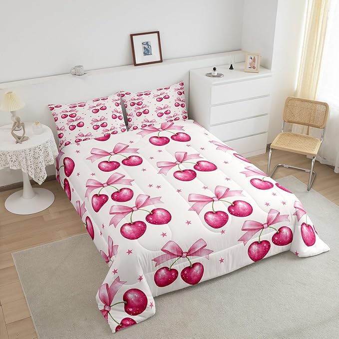 Feelyou Pink Girls Bow Bedding Set Boys Girls Queen Size Bow Comforter Set for Kids Women Men Ultra Soft Kawaii Cherry Prints Comforter Cute Bowknot Duvet Set Room Decor Lovely Quilt Set