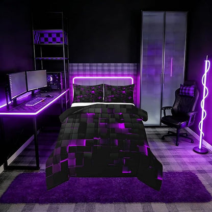 Erosebridal Black Purple Comforter Set King Neon Geometric Checkered Bedding Set for Girls Teen Women,Tereoscopic Grids Comforter Square Plaid Quilt Duvet Room Decor 3 Pcs