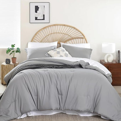 weigelia King Size Comforter Set 7 Pieces Grey Bed Comforter Set Bed in a Bag Solid Color Soft Microfiber King Bedding Set with Sheets Pillow Shams and Pillowcases