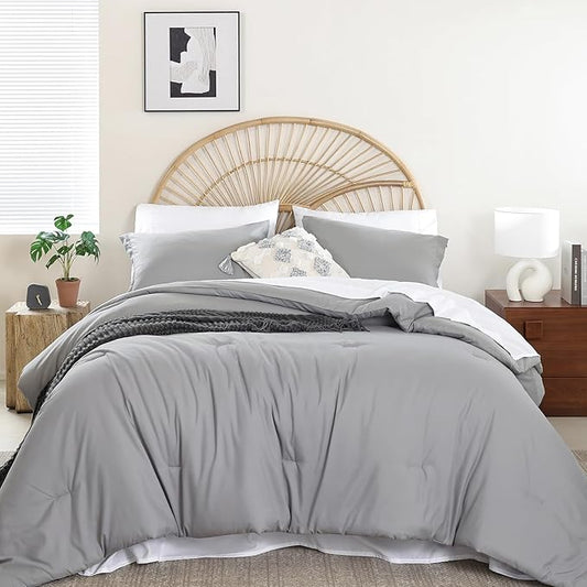 weigelia King Size Comforter Set 7 Pieces Grey Bed Comforter Set Bed in a Bag Solid Color Soft Microfiber King Bedding Set with Sheets Pillow Shams and Pillowcases