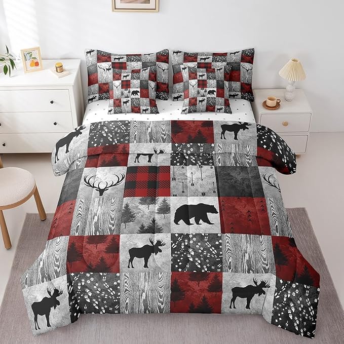 Erosebridal 7 Pcs Rustic Bear Comforter Set Twin Size,Hunting Animal Bed in a Bag with Flat Sheet and Fitted Sheet for Kids and Adults,Camping Patchwork Bedding Set with Pillowcases and Cushion Cases