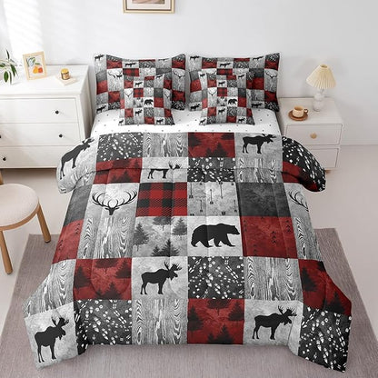 Erosebridal 7 Pcs Rustic Bear Comforter Set Twin Size,Hunting Animal Bed in a Bag with Flat Sheet and Fitted Sheet for Kids and Adults,Camping Patchwork Bedding Set with Pillowcases and Cushion Cases