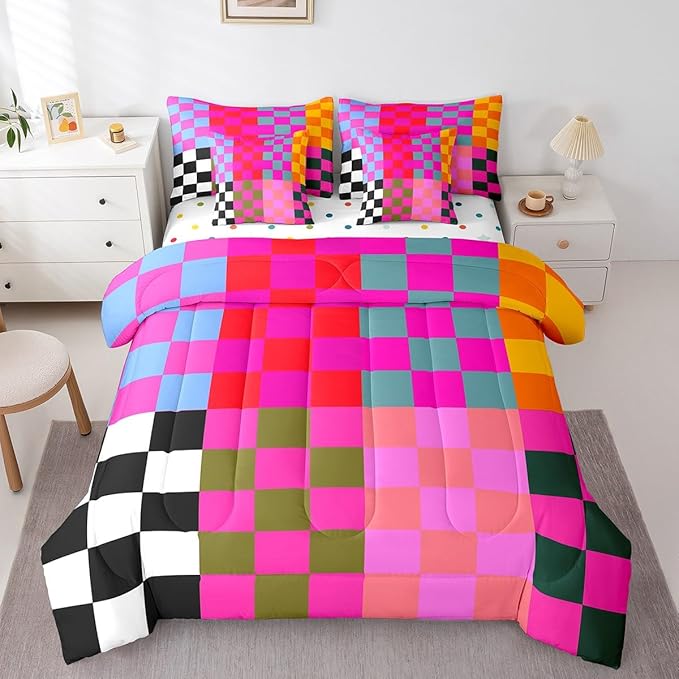 Feelyou Multicolored Checkered Retro 7 Piece Bedding Set Kids Boys Girls Geometric Vintage Comforter Set with Sheets Queen Size Black Red Purple Bed in a Bag Modern Simple Groovy Aesthetic Room Decor