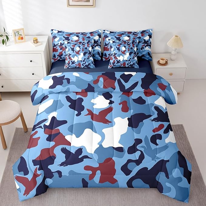 Erosebridal Duck Camo 7 Pcs Comforter Set King Size Camouflage Bedding for Kids Hunting Farmhouse Camping Bed in A Bag Sheet Set Vintage Navy Blue Room Decor Wild Duck Rustic Animal Bed Set