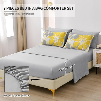 Anibedding Yellow Floral Comforter Set Full Size 7 Pieces Reversible Bed in a Bag with Sheets Set for All Season, Soft Microfiber Complete Bedding Set All Season (78''x90'')