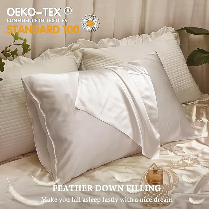 BHZ White Satin Goose Down Feather Pillows Queen Size with Pillowcase for Hair and Skin, Cooling Pillow Cases Similar to Silk Pillow Cases, Decorative for Women, Mom Men