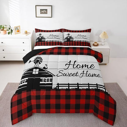 Buffalo Plaid Farmhouse Bedding Sets Full Rustic Cabin Comforter Set For Kids Adults Black Red Grids Windmill House Duvet Insert Western Country Home Room Decor Wooden Barn Door Quilt Comforter