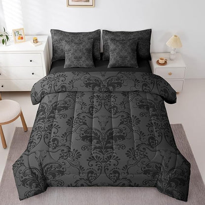 Erosebridal Gothic Damask Comforter Set 7 Piece Bed in a Bag Twin,Longhorn Skull Bedding Sets Black Grey Victorian Floral Goth Sheet Set with Comforter